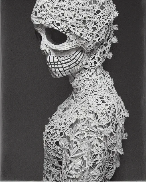 Image similar to a woman's face in profile, made of intricate decorative lace skeleton, in the style of the dutch masters and gregory crewdson, dark and moody