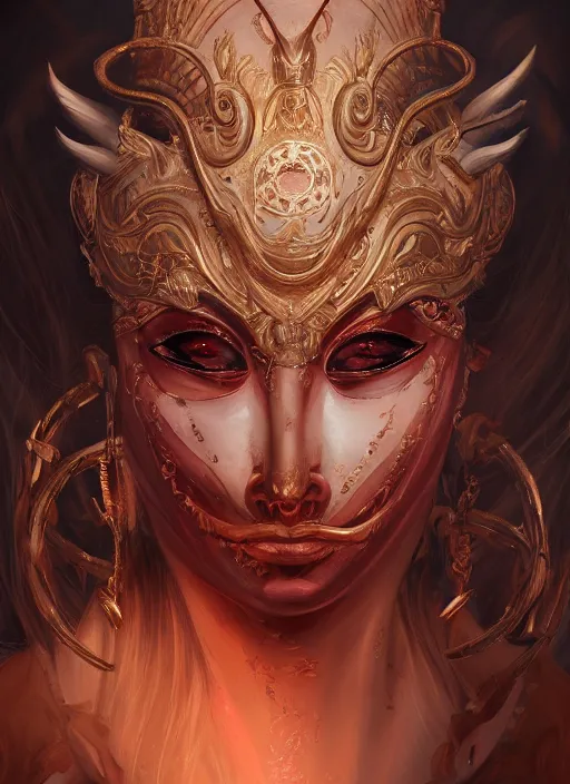 Image similar to a beautiful detailed oil on copper art illustration of a japanese kokushikijo mask devil woman, centered, by charlie bowater, zeng fanzh, trending on artstation, dim dusk lighting, cinematic lighting, detailed lighting, volumetric lighting, realistic, f 8, 4 k hd wallpaper