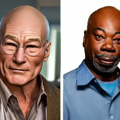 Image similar to a man who is a genetic combination of patrick stewart and jonathan frakes and levar burton and michael dorn and brent spiner, face and upper - body focus, detailed eyes