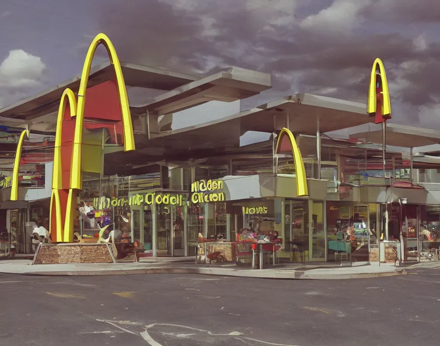 Prompt: alien UFOs attacking a McDonalds restaurant 1982, photo real, daylight, vivid colors, Eastman EXR 50D 5245/7245