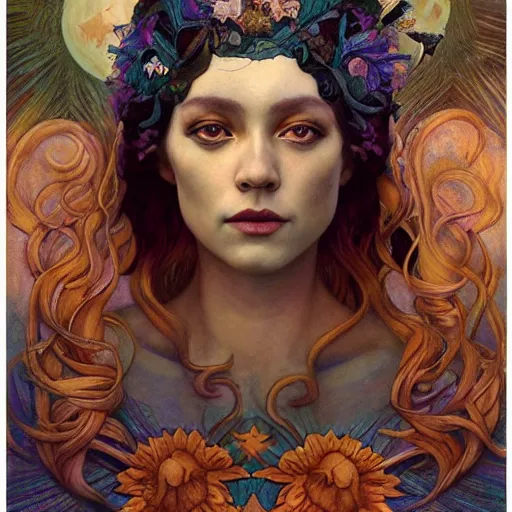 Prompt: queen of the moon with stars in her hair, by tino rodriguez and annie swynnerton and nicholas roerich and jean delville and donato giancola and tom bagshaw and evelyn demorgan and diego rivera, dramatic lighting, floral tattoos, rich colors, smooth sharp focus, extremely detailed, adolf wolfli