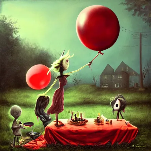 Image similar to grunge painting of a picnic with a wide smile and a red balloon by chris leib, loony toons style, pennywise style, corpse bride style, horror theme, detailed, elegant, intricate, conceptual, volumetric light