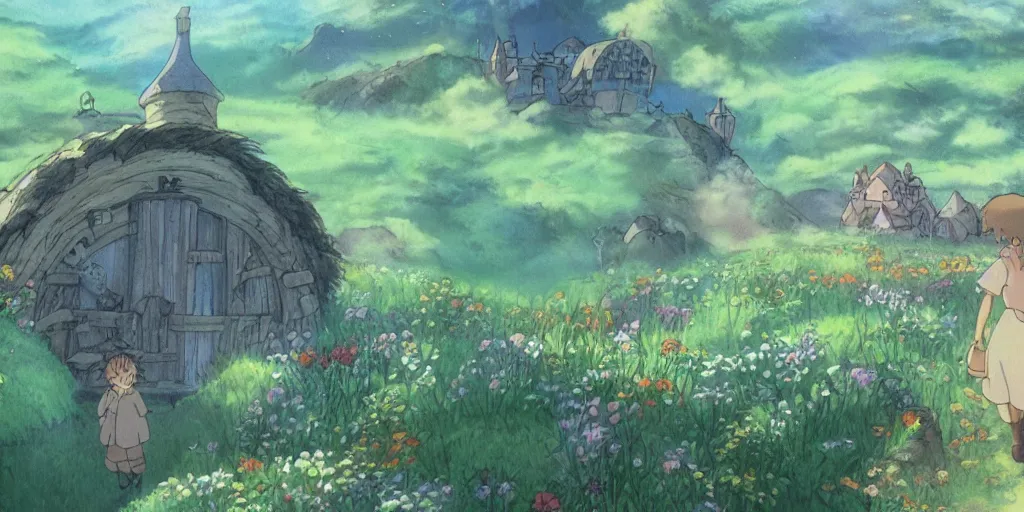 Image similar to a film still from howl's moving castle!!!!! of hobbiton, light bloom, studio ghibli!!!!!