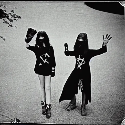 Image similar to Satanic States of America, alternate history, 1970s, girl scouts, goth girl scouts, Satanic girl scouts, black clothing, occult ritual, 1977, 16mm photograph