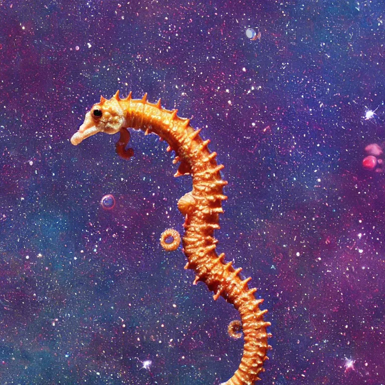 Prompt: extremely detailed telescope photograph of a tiny short seahorse. anatomically perfect. positioned in the center of the frame. focus on the seahorse's head. full seahorse visible in frame. intricate details. there's a lot of bubbles. space nebulas blurred in the background. full colour. trending on artstation, glissening texture, 8 k octane render