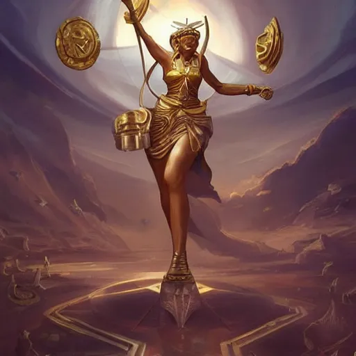 Image similar to Athena of Abyssinia in gold, defeats Chronos with thrown disc, by Peter Mohrbacher:5 Trending on Artstation:5