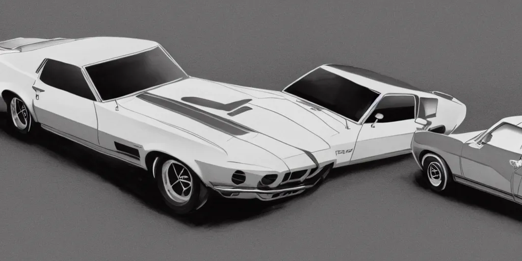 Image similar to hybrid design of Ford Mustang GT 1970 and Corvette C2 1969. No background, concept art style.