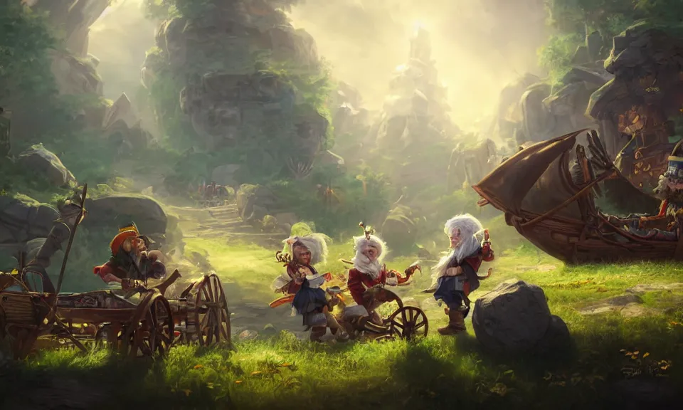 Prompt: a white haired dwarf and a pirate halfling gambling with dice near a creak and wagon, illustration by ben lo, concept art, highly detailed, colorful, unreal engine, octane render, dramatic lighting, cinematic composition, wide shot