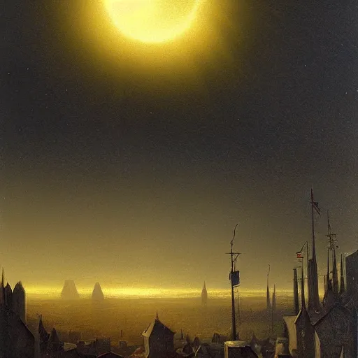 Image similar to dark solar eclipse, above a village, highly detailed, studio 4 k quality, by carl gustav carus