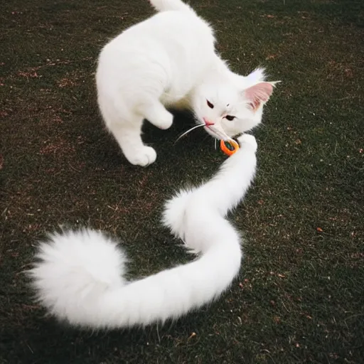 Image similar to A beautiful photo of a white cat playing with yarn ball, Photography , Long-range shots