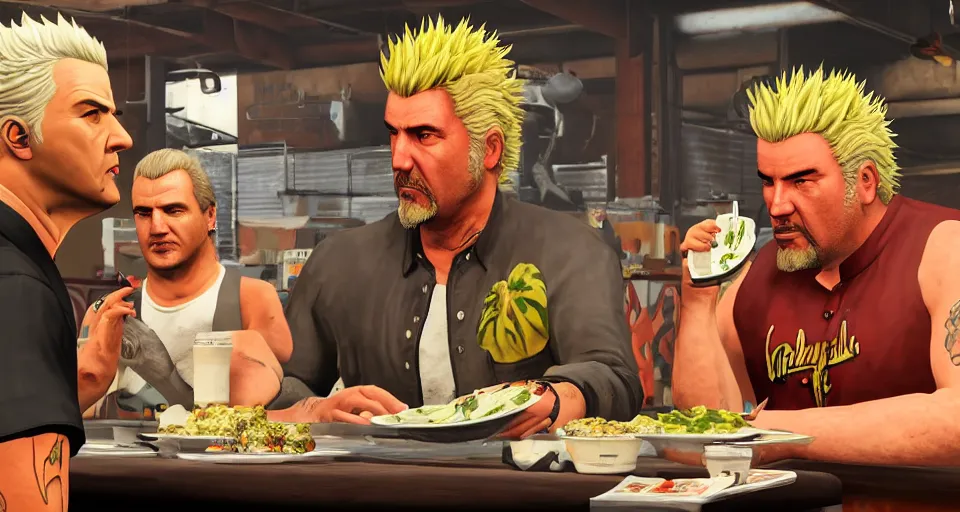 Image similar to GTAV ((loading screen)) featuring ((((Guy Fieri)))) striking a deal, 4k, artistic