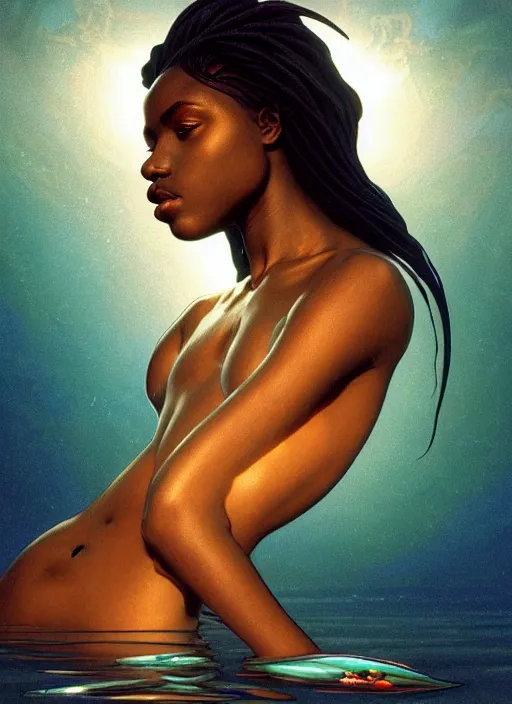 Prompt: film still, cinestill 8 0 0 t, underwater photography full body portrait of a dark skin mermaid haitian goddess, white lilies, intricate, sensual features, dewy skin, reflective skin, highly detailed, divine holy perfection!! artstation, smooth, sharp focus, warm lighting, illustration, art by artgerm and greg rutkowski and alphonse mucha