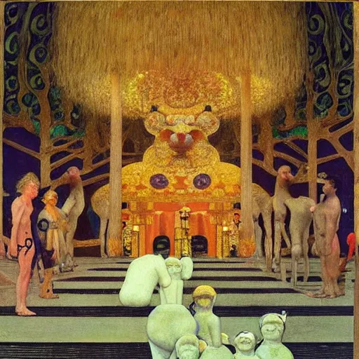 Image similar to a procession of animals in a giant temple, hyperrealistic film still by gottfried helnwein, by klimt, by paolo uccello, art nouveau, highly detailed, lights by edward hopper, liminal, eerie, metaphysical, bright pastel colors,