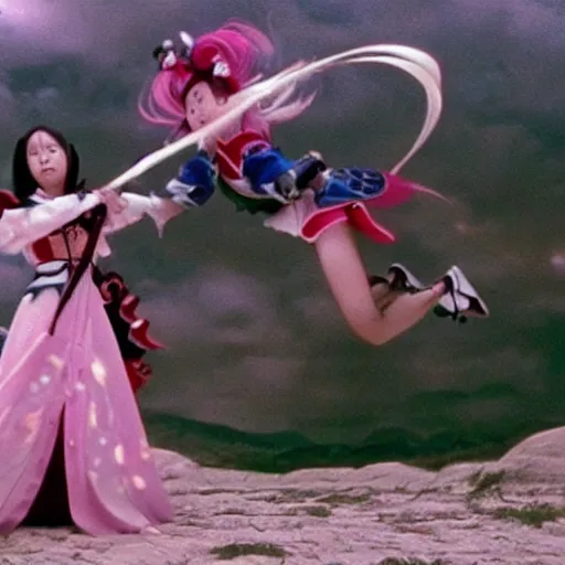 Prompt: a battle of two real-life mahou shoujo girl flying in the sky, still of an epic japanese movie scene