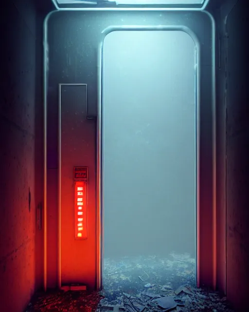 Image similar to a beautiful photorealistic rendering of elevator abandoned urbex architecture nature by carlo stanga, architecture island neon signs studio ghibli infrared bladerunner 2 0 4 9 dramatic lighting heavy rain atlantis dieselpunk uv light, archdaily, wallpaper, highly detailed, trending on artstation.