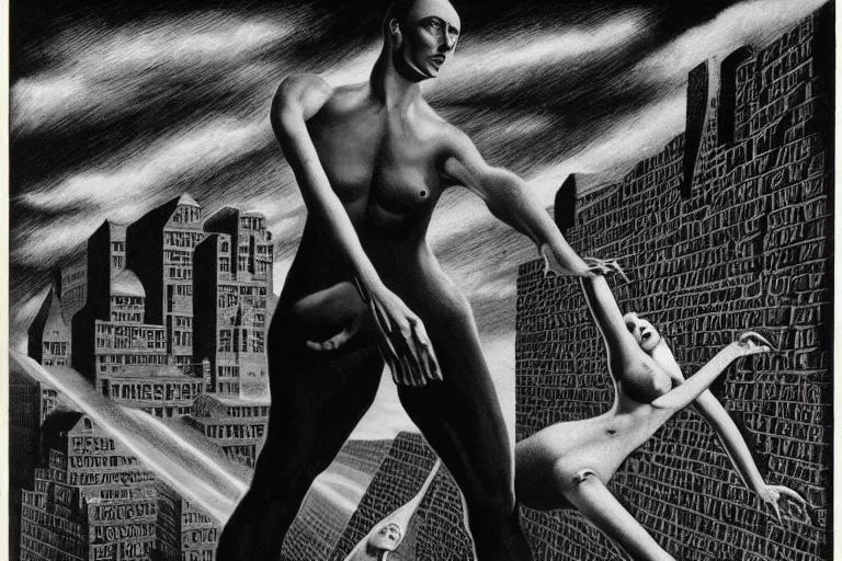 Image similar to fresh coat of flesh and bone, this brick's too thick for heads to break on their own, postmodern surrealist hand drawn matte painting 4k by Lynd Ward, smooth, sharp focus, extremely detailed, dramatic cinematic lighting.