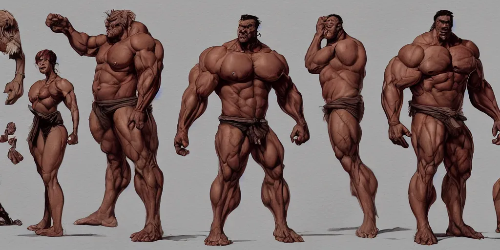 Prompt: muscleman, character sheet, concept design, contrast, kim jung gi, greg rutkowski, zabrocki, karlkka, jayison devadas, trending on artstation, 8 k, ultra wide angle, pincushion lens effect