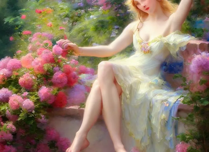 Image similar to blonde goddess in a summer dress by wlop and vladimir volegov and alexander averin and delphin enjolras and daniel f. gerhartz