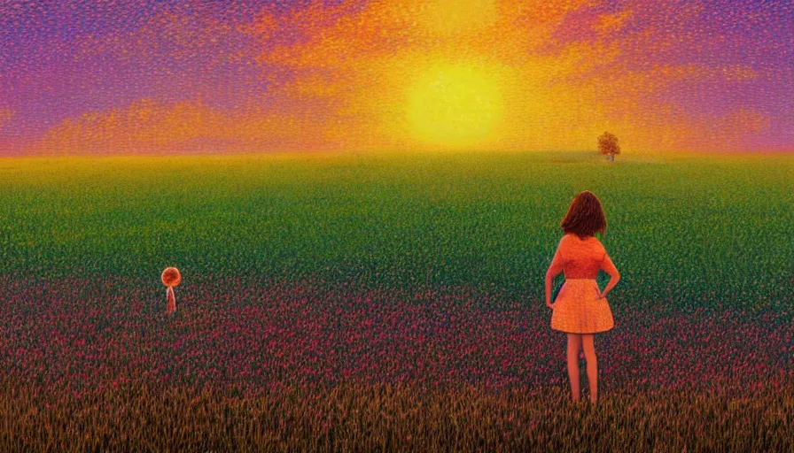 Prompt: daisy flower afro, full body, girl watching sunset, empty wheat field, surreal photography, colorful clouds, tree, impressionist painting, colorful clouds, digital painting, pointillism, artstation, simon stalenhag