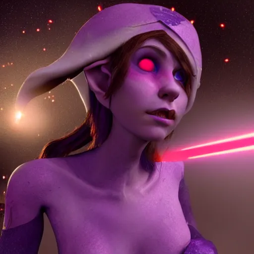 Image similar to a mischievous elf with violet skin reflecting a laser light, a scarred face, chuckling, with a nebula behind them, in the style of gary frank and rafael albuqurque, rendered in unreal engine