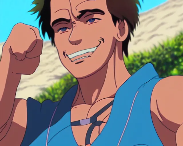 Prompt: anime fine details portrait of joyful Arnold Schwarzenegger at beach anime masterpiece by Studio Ghibli. 4k render.