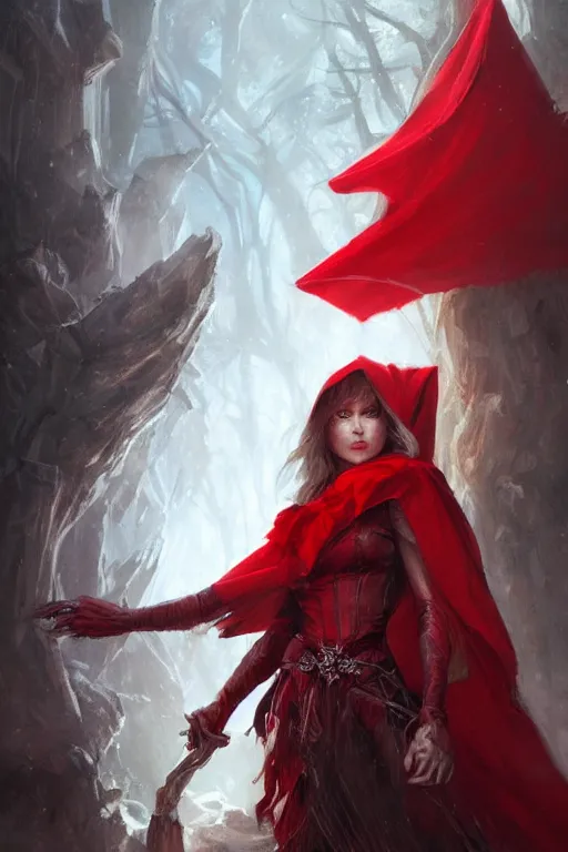 Prompt: goddess red riding hood, d & d, fantasy, portrait, highly detailed, headshot, digital painting, trending on artstation, concept art, sharp focus, illustration, art by artgerm and greg rutkowski and magali villeneuve