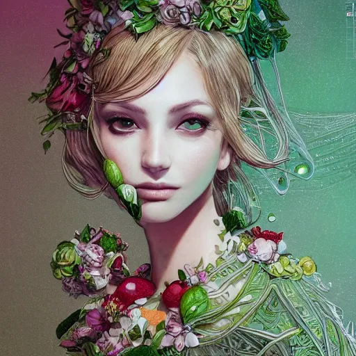 Prompt: the portrait of an absurdly beautiful, graceful, elegant, sophisticated, stylish woman made of strawberries and green petals looking up, an ultrafine hyperdetailed illustration by kim jung gi, irakli nadar, intricate linework, bright colors, octopath traveler, final fantasy, unreal engine 5 highly rendered, global illumination, radiant light, detailed and intricate environment