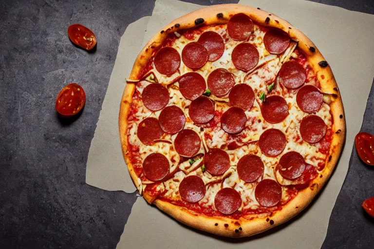 Image similar to a pizza with amongus-shaked pepperoni on top. Food photography, studio photography, highly detailed