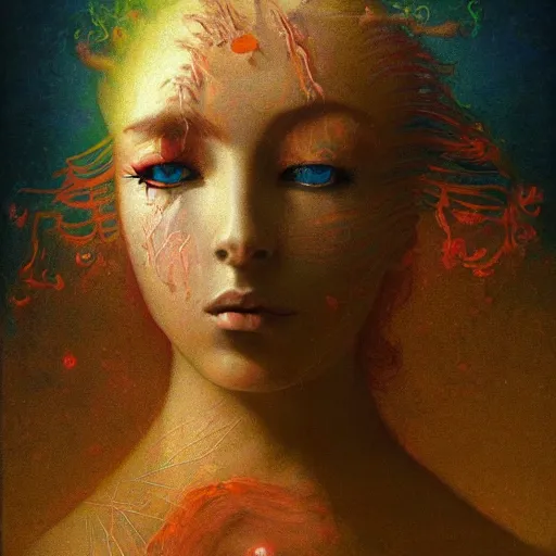 Prompt: beautiful face of goddess with a vibrant hair by asher brown durand, center, profile picture, portrait by pantokrator, cybernetic cyborg robot by beksinski, transcending into divine by albert bierstadt, detailed artwork, 4 k hd, trending on artstation. deviantart