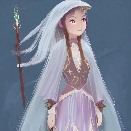 Prompt: A young female wizard in delicate magical dress + concept art + detailed character portrait