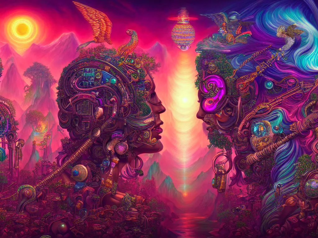 Image similar to a beautiful hyperdetailed painting of divine human spiritual evolution, retrowave fantasy, wallpaper, highly detailed, trending on artstation.