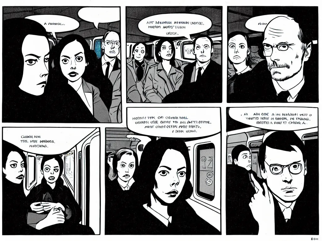 Image similar to a detailed comic panel by Daniel Clowes, 3/4 low angle view shot of two people sitting in an empty Chicago subway train, in front of windows: a sad Aubrey Plaza in a parka and a friendly Mads Mikkelsen in a suit