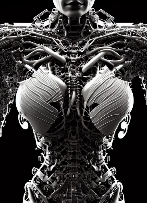 Image similar to organic cyborg full frontal torso close-up, black plastic, diffuse lighting, fantasy, intricate, elegant, highly detailed, lifelike, photorealistic, digital painting, artstation, illustration, concept art, smooth, sharp focus, art by John Collier and Albert Aublet and Krenz Cushart and Artem Demura and Alphonse Mucha