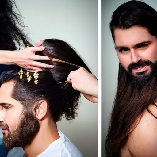 Prompt: handsome man with shiny and silky long hair getting hair styled by a hair queen wearing a golden crown studded with diamonds, studio