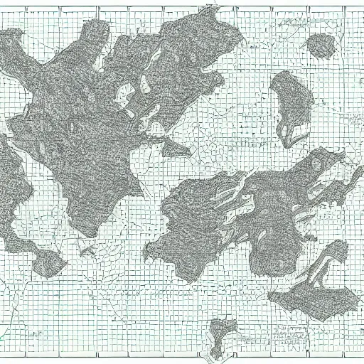 Prompt: a huge isometric map of a DnD fantasy world | hand drawn on grid paper | arial view , black and white,cracks,buildings,towers,perfect layout