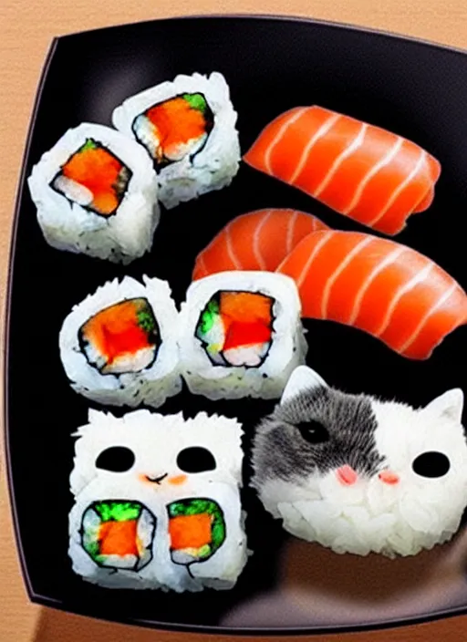 Image similar to clear photorealistic picture of adorable cats made out of sushi