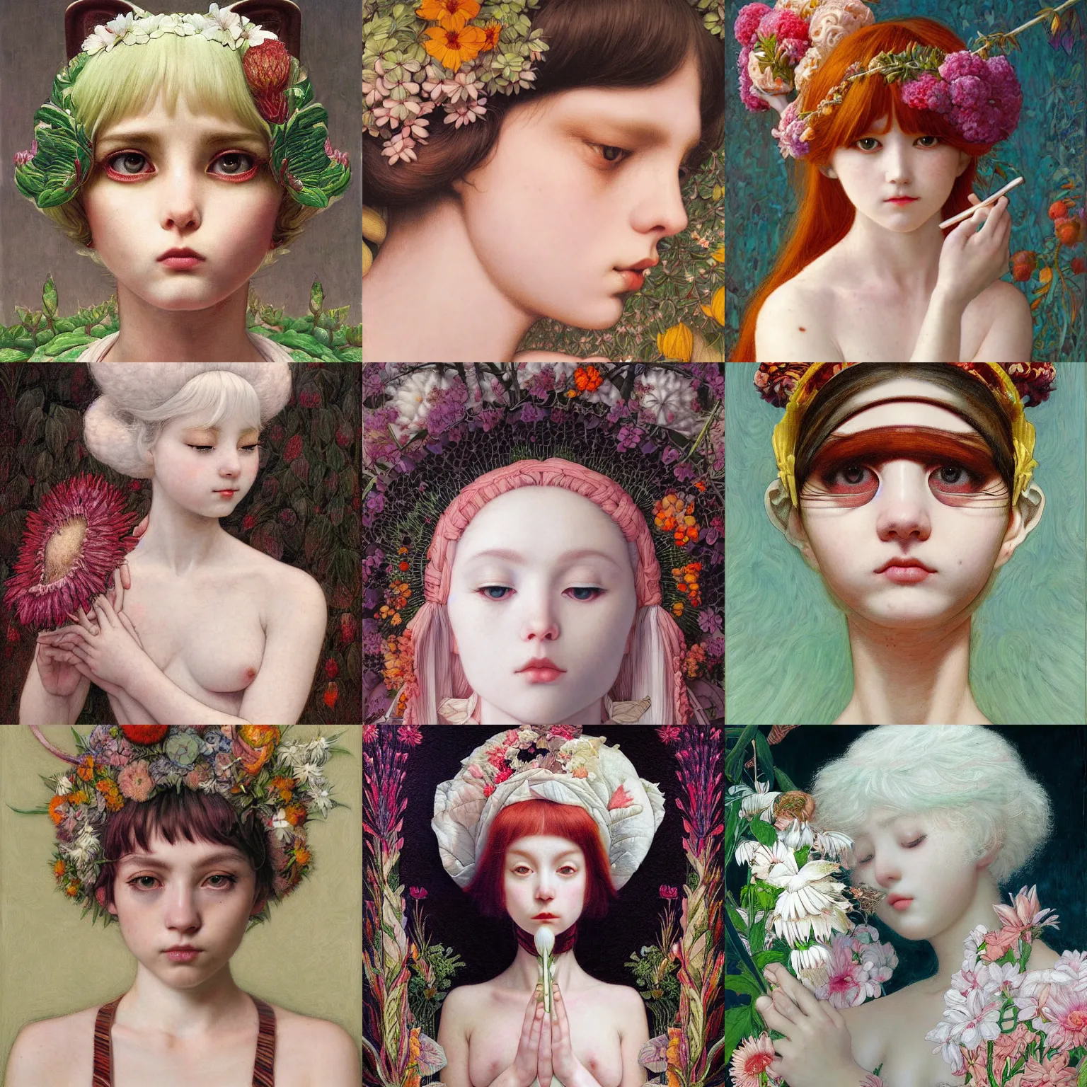 Image similar to white cat girl, botanical, portrait face, colorful, frantisek kupka, intricate, miles johnston, kuroda seiki, cynical realism, ozabu, john william godward, painterly, yoshitaka amano, moebius, miles johnston, louise zhang, james jean, mark ryden lowbrow pop surrealism art style