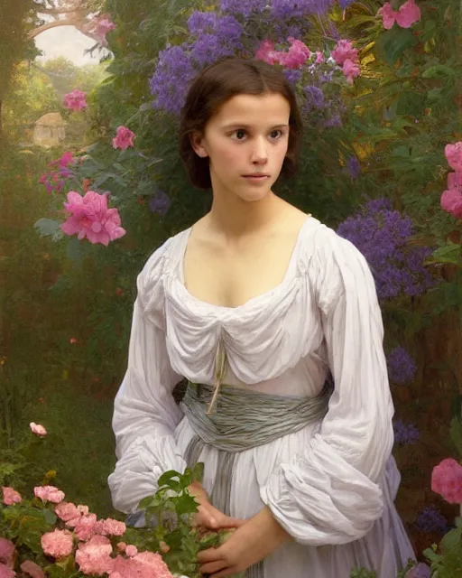 Image similar to a portrait painting of a shy, blushing 1 6 - year old alicia vikander or millie bobby brown as a princess in her flower garden with lanterns, intricate, elegant, highly detailed, artstation, concept art, by krenz cushart and donato giancola and william adolph bouguereau and alphonse mucha
