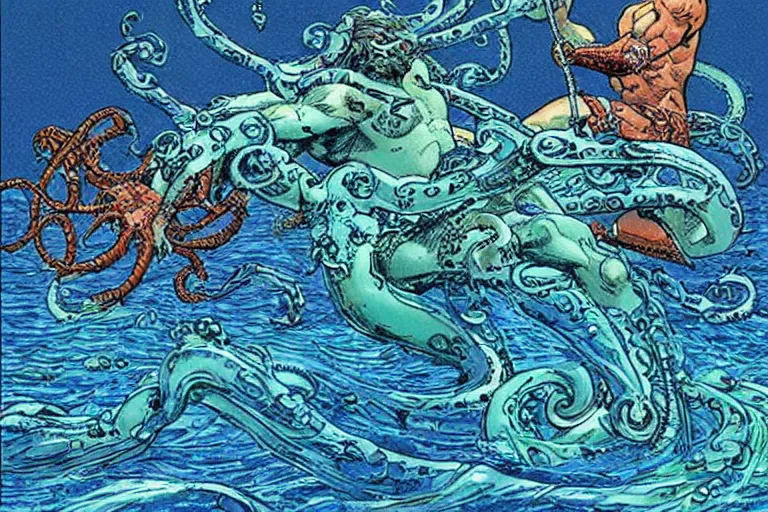 Image similar to a poseidon - android fighting with kraken, artwork by jean giraud