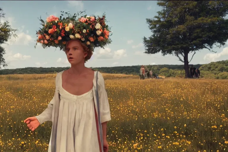 Image similar to vhs 1 9 8 0 s cinema footage scene from the movie midsommar directed by ari aster, film grain