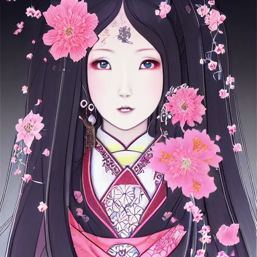 Prompt: portrait of the japanese moon princess kaguya hime with long flowing black hair wearing an ornate pink kimono with intricate floral patterns, touhou character design by ross tran, yoshitaka amano artstation