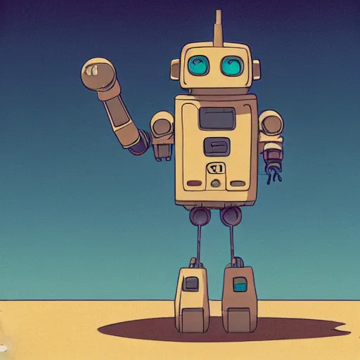 Image similar to a study of cell shaded cartoon of a robot dancing on a desert road, full body, wide shot, very muted colors, post grunge, studio ghibli, laurie greasley, highly detailed, deviantart, art by artgem