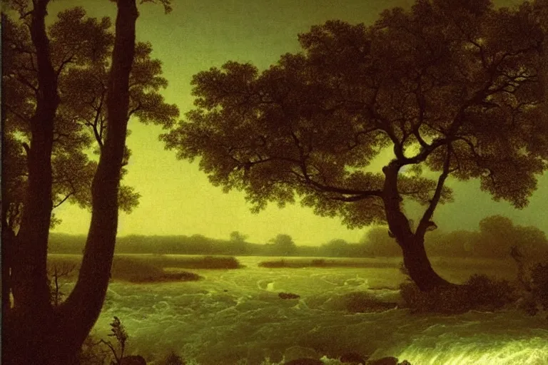 Image similar to oil painting of a old tree next to a raging river by martin johnson heade
