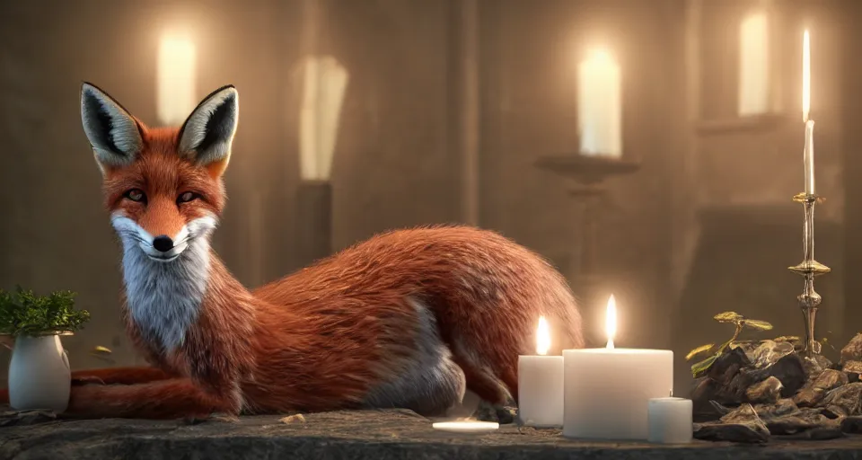 Image similar to a beautiful hyper realistic ultra detailed lifelike matte painting of a fox in front of a candle, unreal engine, deviantart, flickr, artstation, octane render, textured, colorful, extreme realistic detail, physically based rendering, pbr render, very detailed, volumetric lighting, detailed lighting, octane render, 4 k, cinematic lighting, 8 k resolution