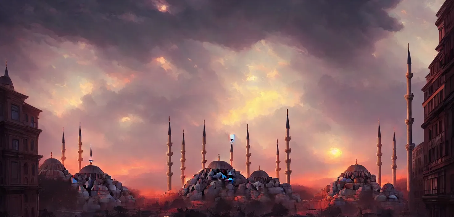 Prompt: istanbul, cinematic view, epic sky, detailed, concept art, low angle, high detail, warm lighting, volumetric, godrays, vivid, beautiful, trending on artstation, by jordan grimmer, huge scene, art greg rutkowski