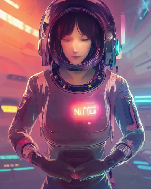 Image similar to anime visual of a female astronaut, neon, cyberpunk, black futuristic suit, stunning, highly detailed, digital painting, artstation, smooth, soft focus, illustration, art by artgerm and greg rutkowski and alphonse mucha