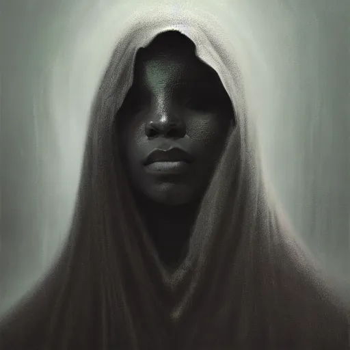 Image similar to a portrait of a young black woman wearing a long dark cloak, hood and shadows covering face, anatomically correct, beautiful perfect face, enigmatic, oil painting, matte painting, black background, Volumetric dynamic lighting, Highly Detailed, Cinematic Lighting, Unreal Engine, 8k, HD, by Beksinski