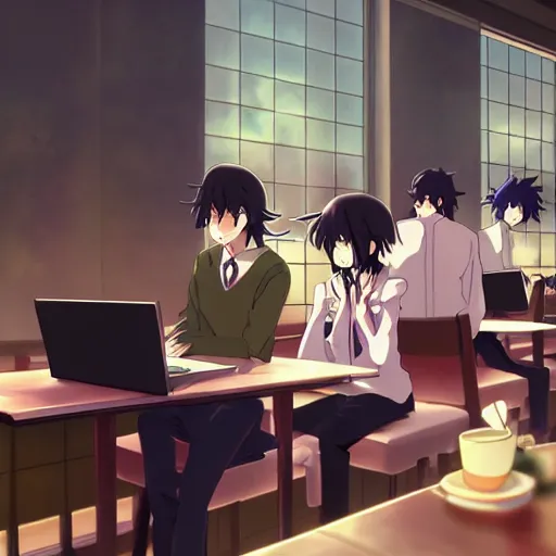 Prompt: makoto shinkai anime art, crowded cafe, typing on laptop, touhou project