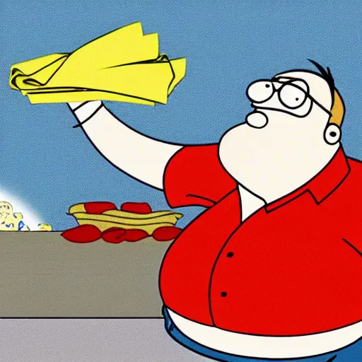 Prompt: Peter Griffin throwing pasta at Brian Griffin