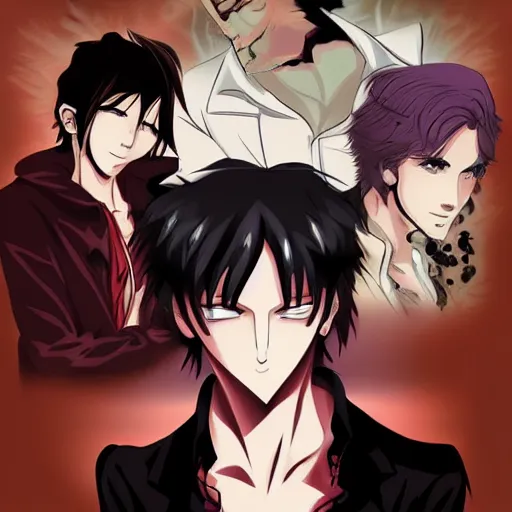 Prompt: two young men, one man human, one man vampire, anime style